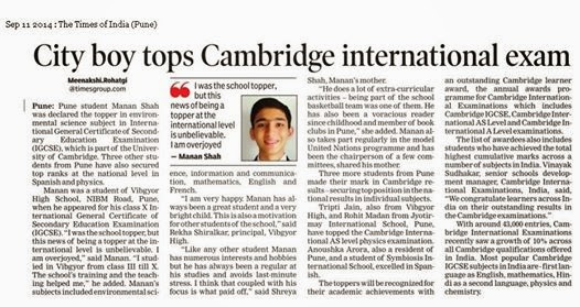 Student of Vibyor High School NIBM Road, Pune, tops Cambridge international exam